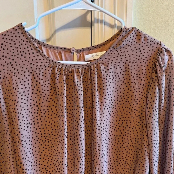 Mustard Seed High Neck Cinched Waist Tan Brown Polka Dot Ruffle Dress Sz M - Picture 3 of 10